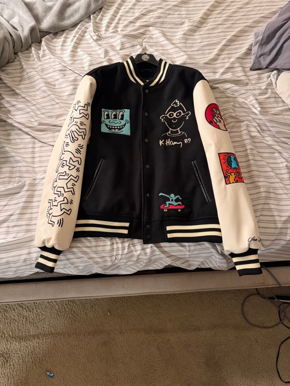 Black and Cream Graphic Varsity Puffer Jacket - Artist Print